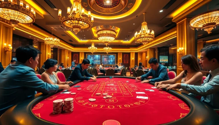 Engage in thrilling Đá Gà Thomo BJ888 action at a luxury casino table with vibrant visuals.