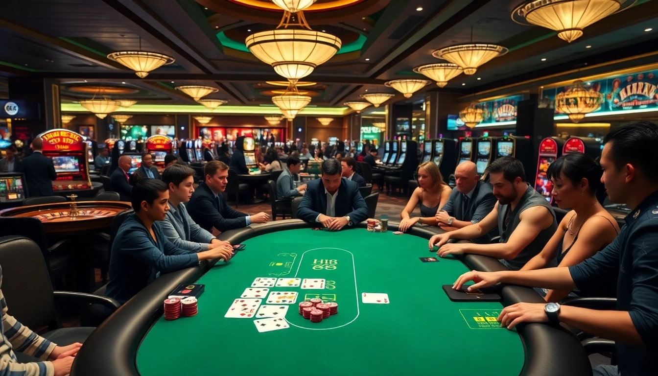 Players strategize at the Hi 88 poker table amid a vibrant casino atmosphere.