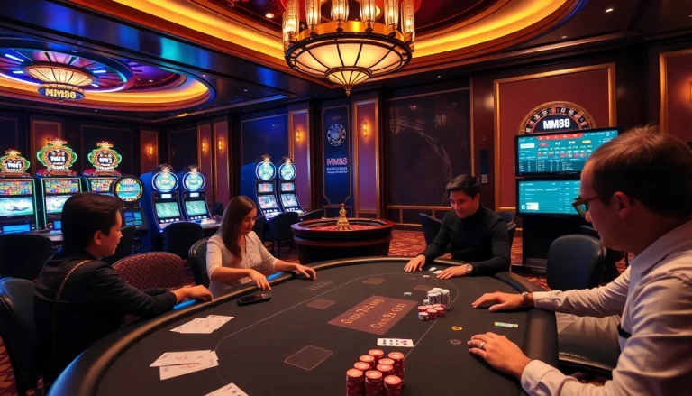 MM88 poker table with intense gameplay and vibrant slot machines lighting the casino.