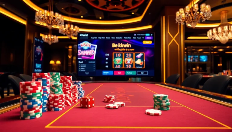 Engaging scene of a luxurious casino at https://kkwin.co.com/ showcasing poker chips and online gaming.