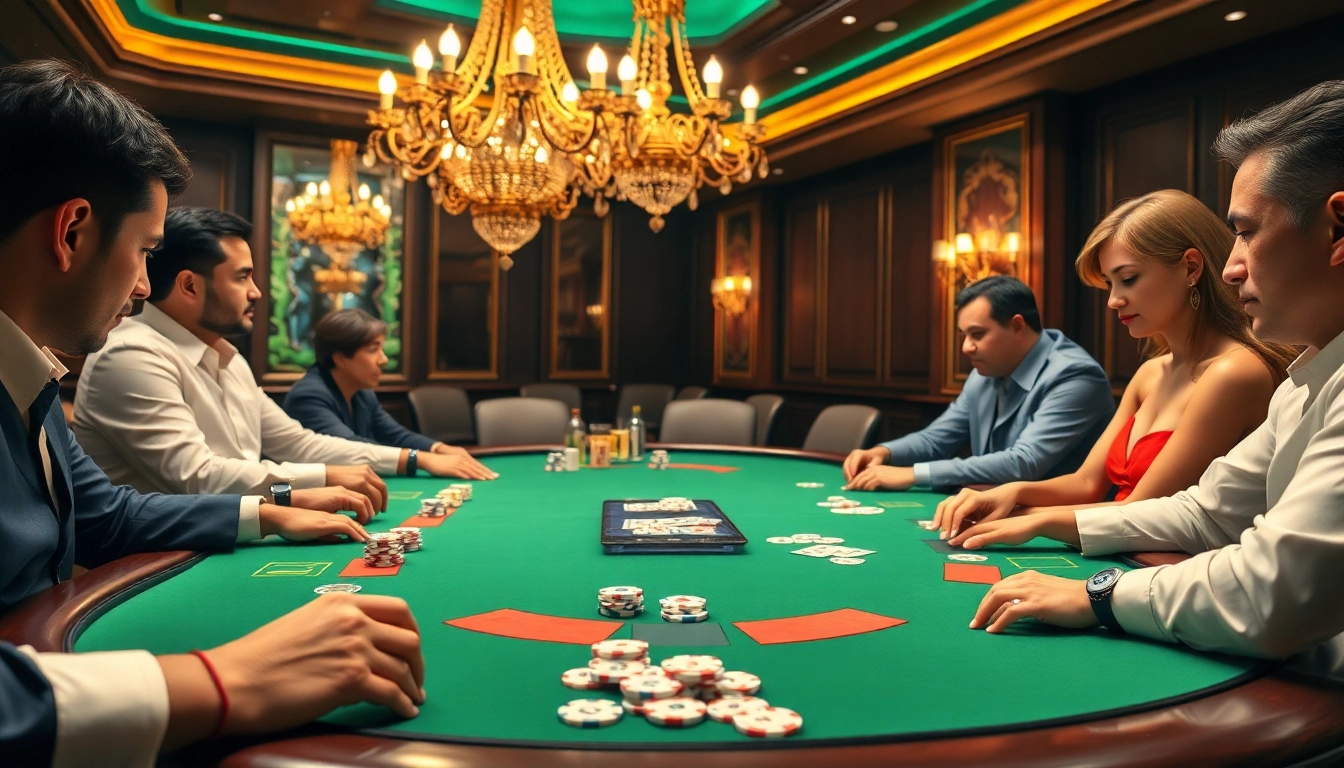 Players engage in a high-stakes poker game at GG88, surrounded by luxurious casino elements.