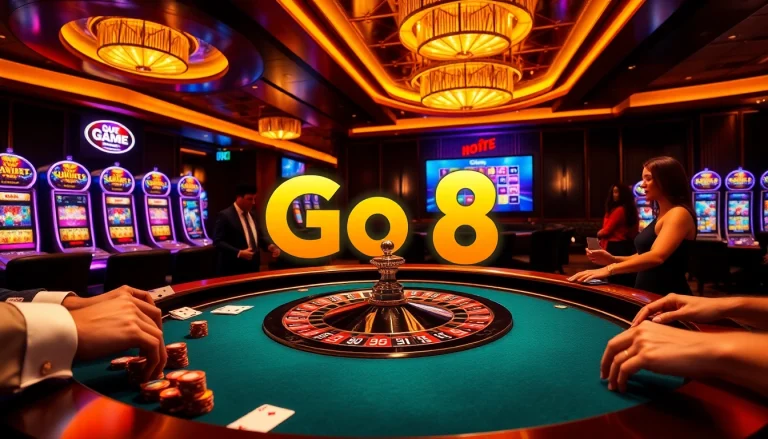 Experience the excitement of Go 8 casino games with vibrant roulette and poker tables.
