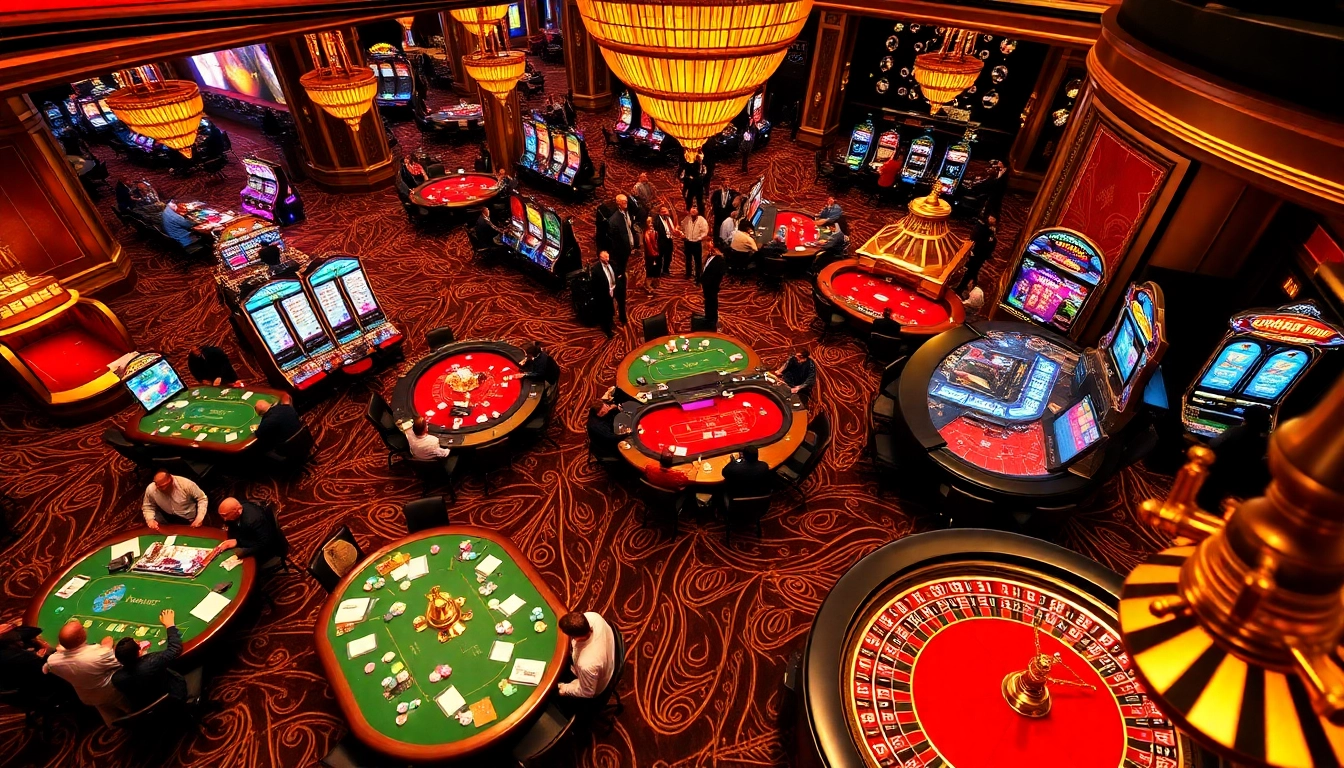 AX88 casino scene featuring players enjoying poker and roulette amidst vibrant gaming lights.