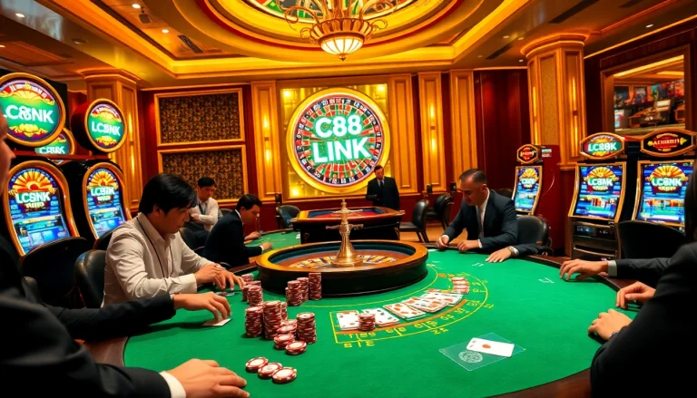 Engage in thrilling casino games with LC88 LINK featuring vibrant poker tables and excitement.