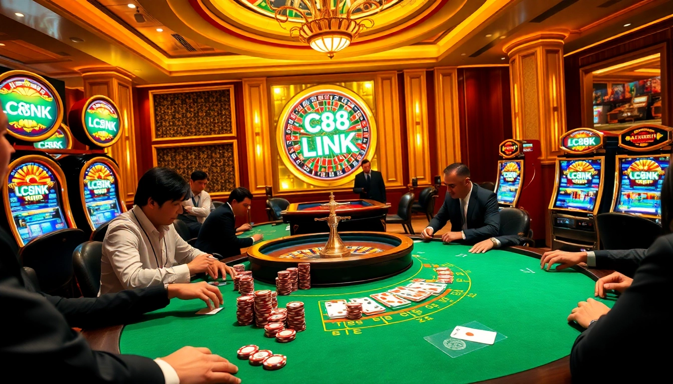 Engage in thrilling casino games with LC88 LINK featuring vibrant poker tables and excitement.