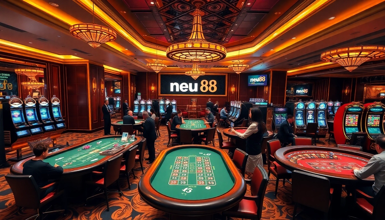 Experience exciting roulette and card games at neu88 casino, featuring rich decor and vibrant atmosphere.