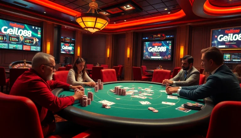 Hello88 gaming scene with excited players, poker chips, and roulette wheel in a luxurious casino.