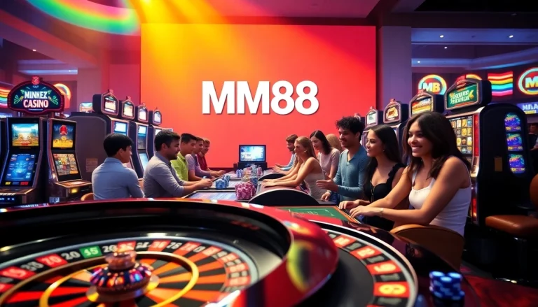 MM88 casino scene with players enjoying roulette and slot machines, capturing excitement and luxury.