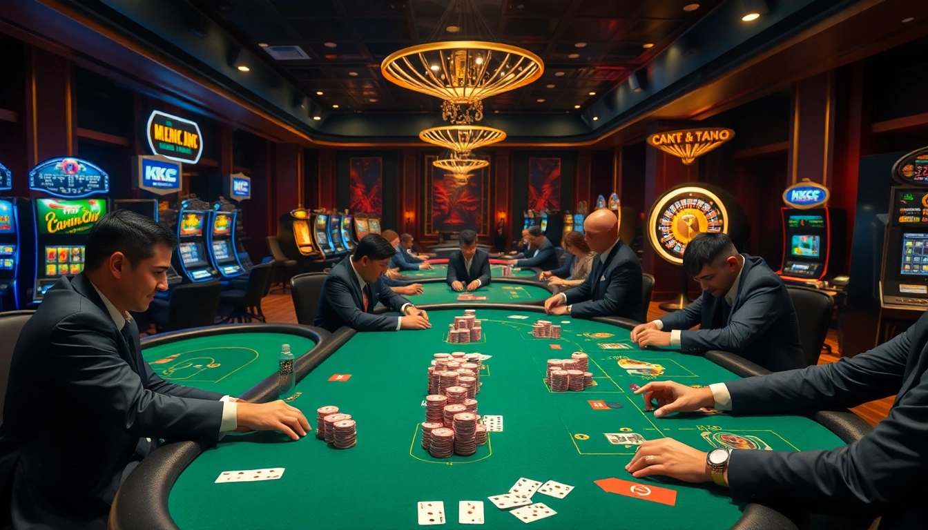 KJC casino scene with poker tables, vibrant slot machines, and intense gameplay.