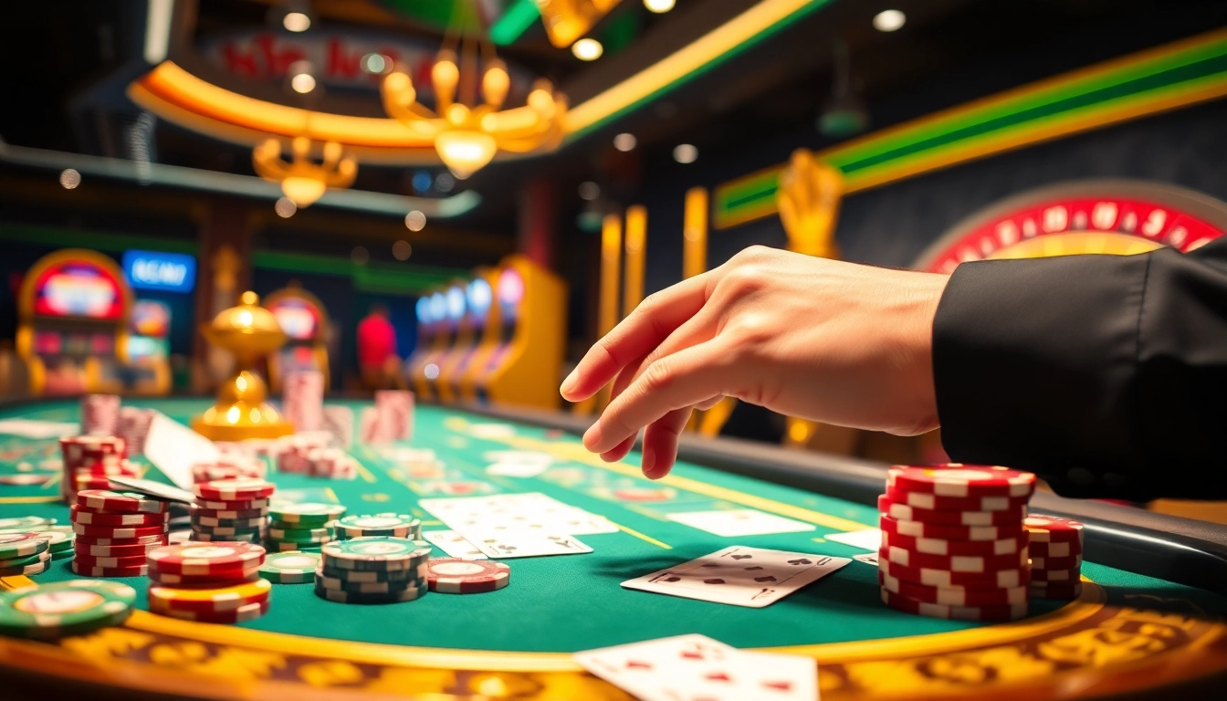 Engaged player placing a bet at an opulent okwin casino table surrounded by vibrant gaming elements.