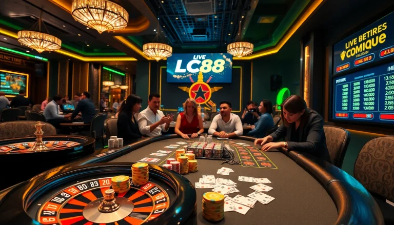 Experience the excitement of gaming at LC88 with dynamic poker and roulette tables illuminated in a luxurious casino setting.