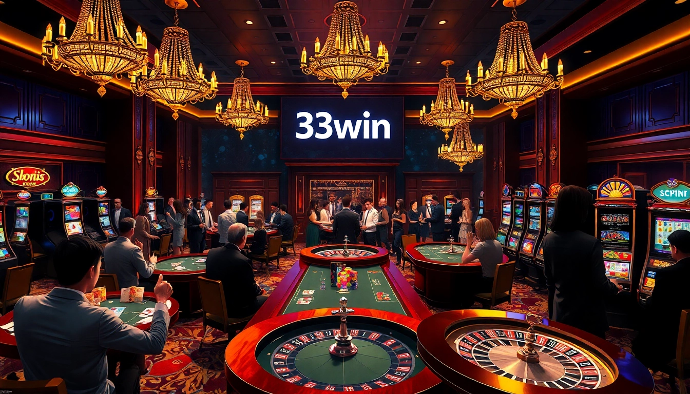 Exciting casino atmosphere at 33win with vibrant gaming tables and players.