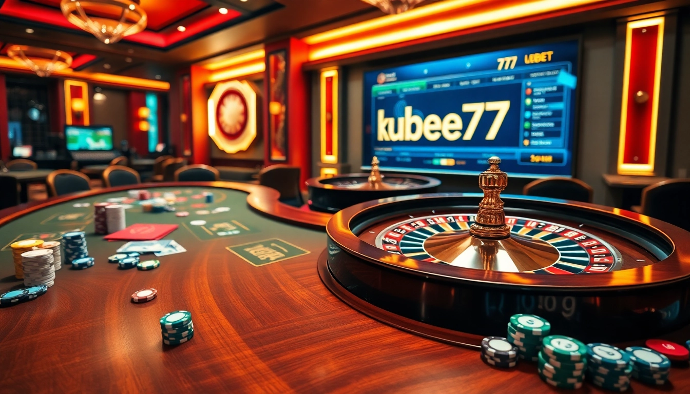 Kubet77 gaming scene with luxury casino tables, poker chips, and a roulette wheel creating an exciting atmosphere.