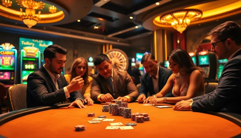Professional gamblers strategizing at a poker table in a luxurious casino at https://f8beta2.support/ with vibrant gaming elements.