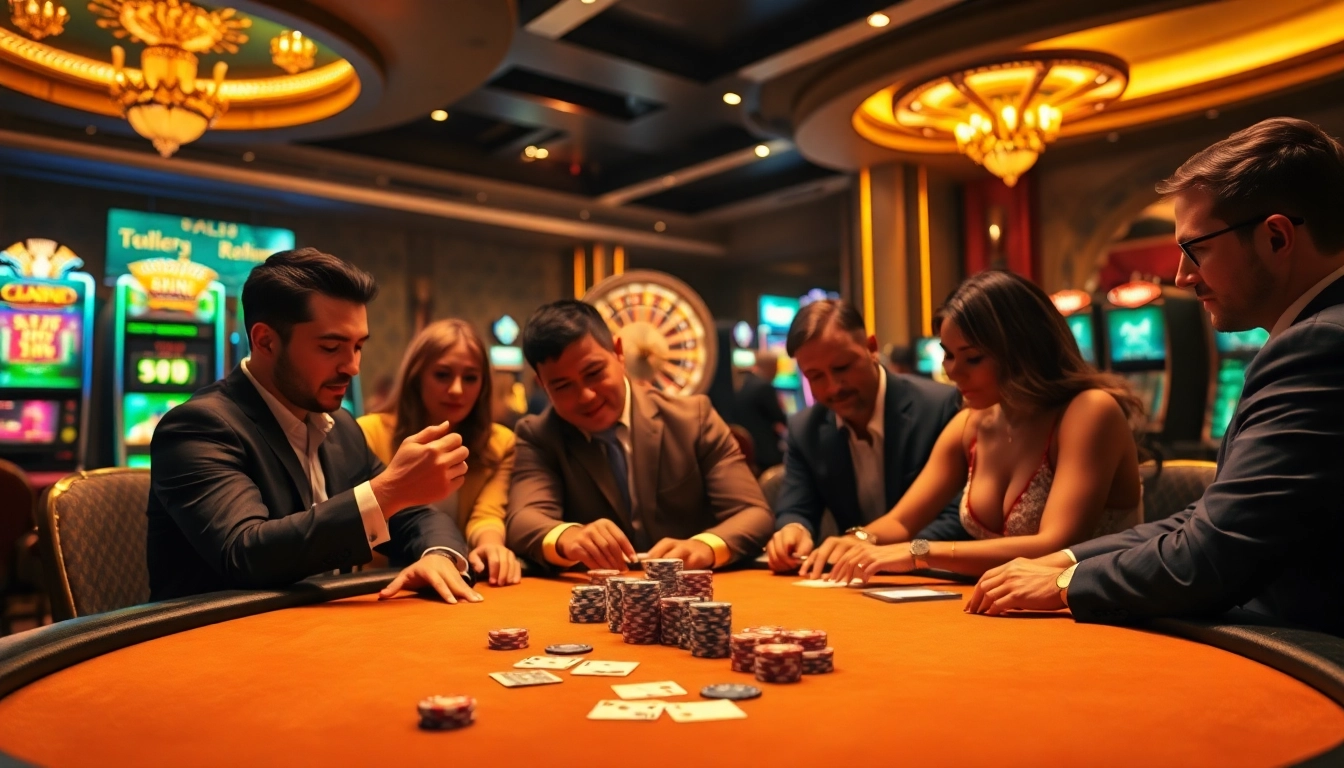 Professional gamblers strategizing at a poker table in a luxurious casino at https://f8beta2.support/ with vibrant gaming elements.