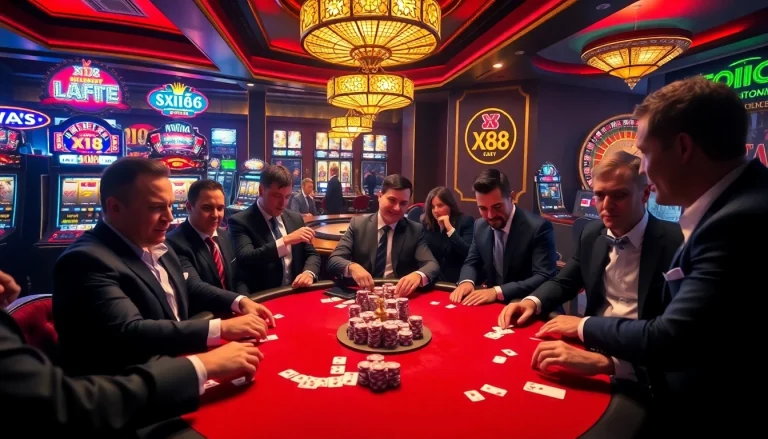 Experience high-stakes gaming at XX88 casino with luxurious poker tables and vibrant slot machines.
