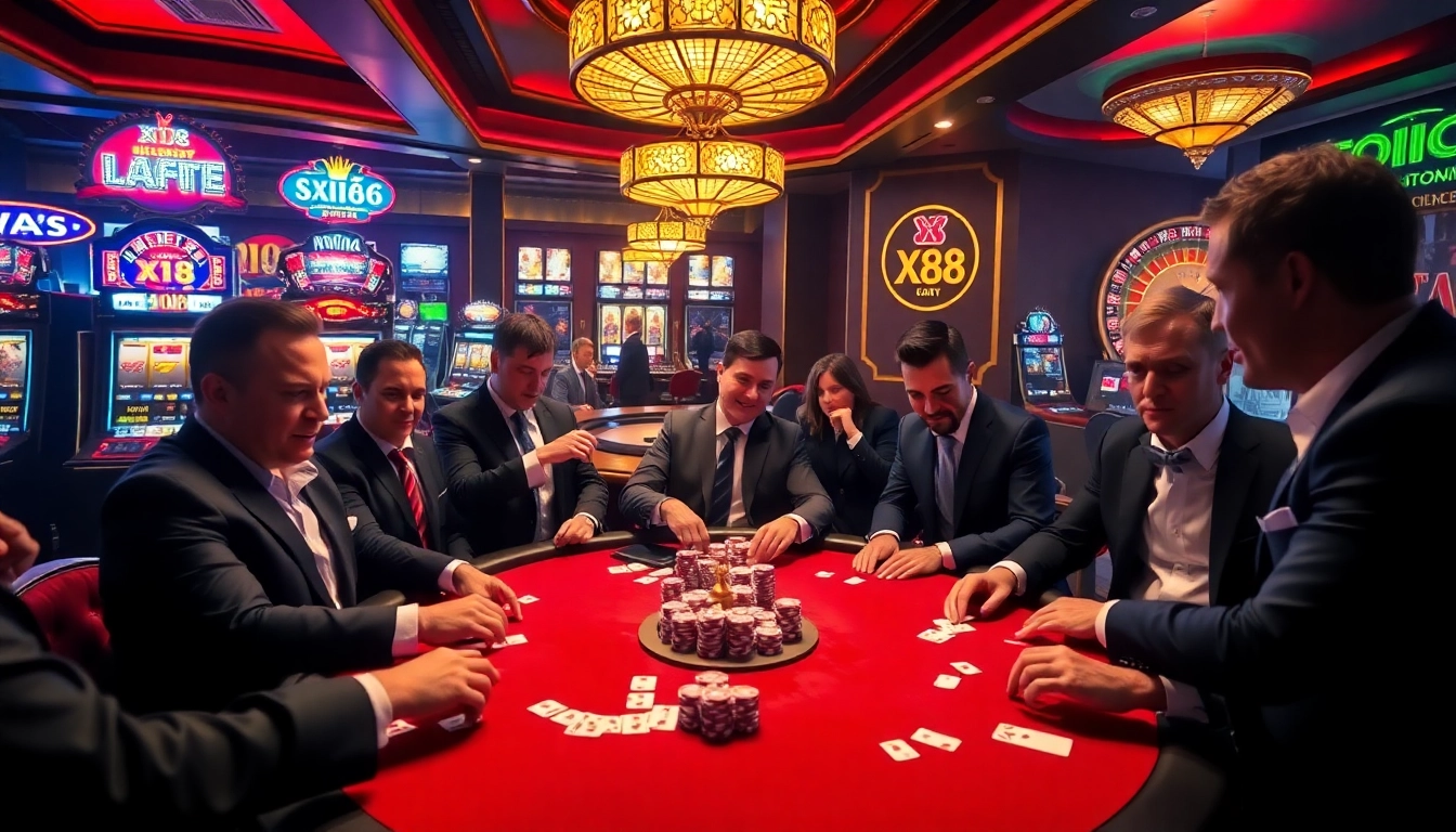 Experience high-stakes gaming at XX88 casino with luxurious poker tables and vibrant slot machines.