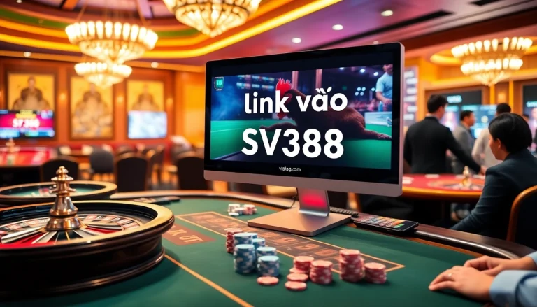Engage in thrilling online gambling with link vào SV388 amidst vibrant casino visuals.