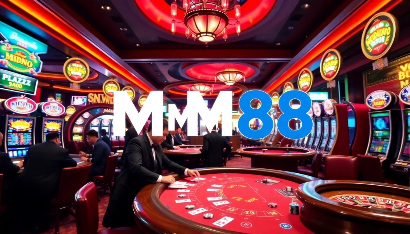 MM88 logo featured in a vibrant casino scene with players at poker and slot machines.