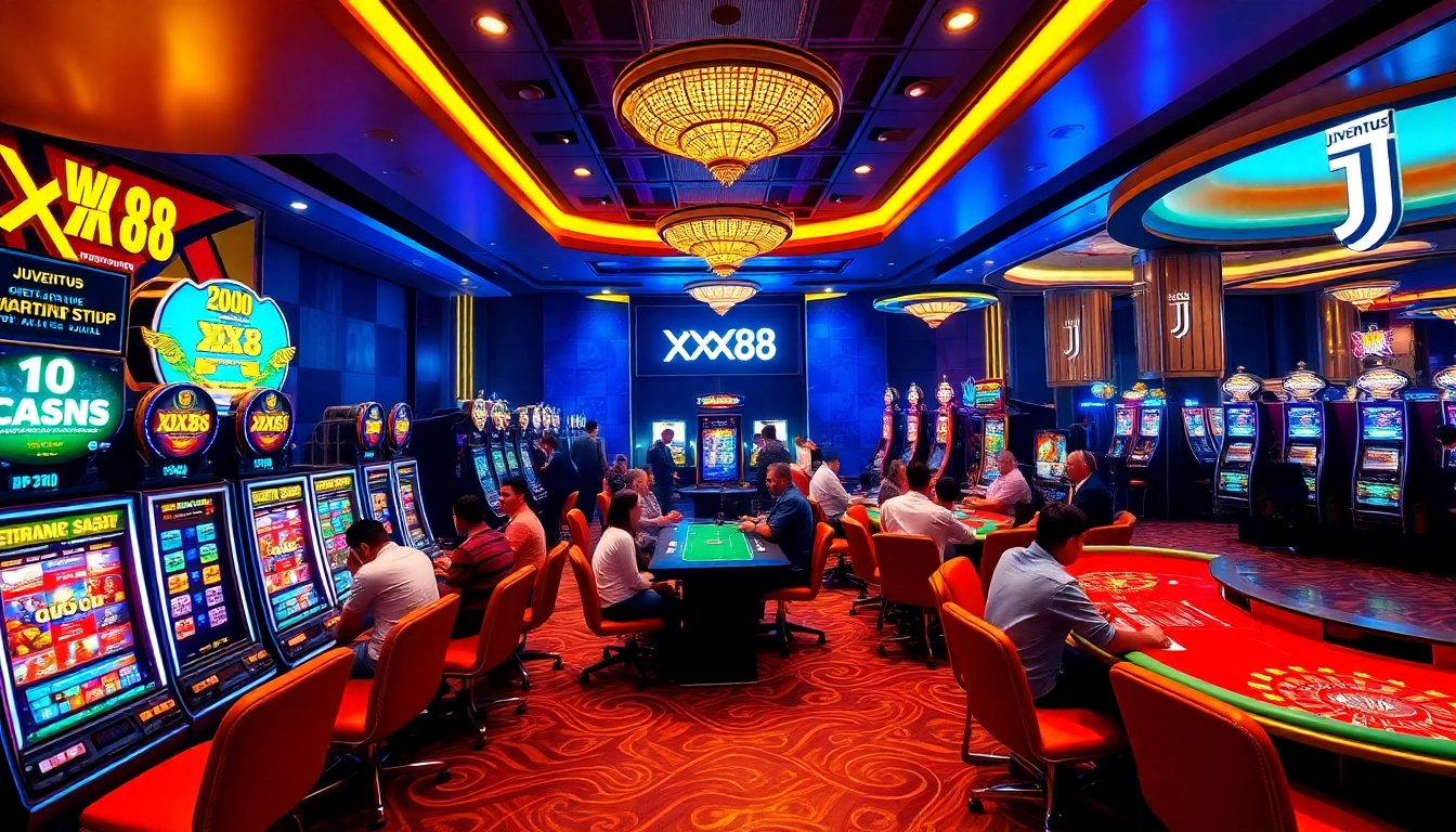 Experience the excitement of XX88 HOW with vibrant casino gaming scenes and Juventus branding.