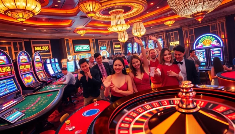 Exciting scene of players engaging at casino tables and slot machines, emphasizing the thrill of xx88.