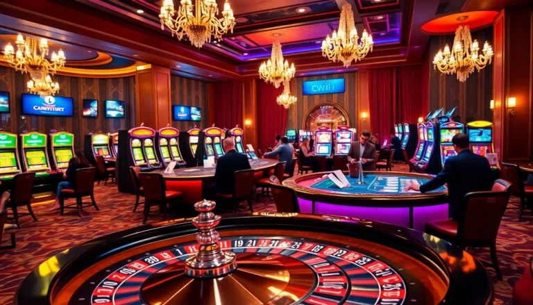 CWIN-inspired vibrant casino scene with players at tables, showcasing luxury gaming elements.