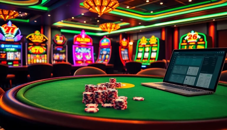 Players enjoy an exciting poker game at MM88 casino, featuring vibrant tables and stacks of chips.
