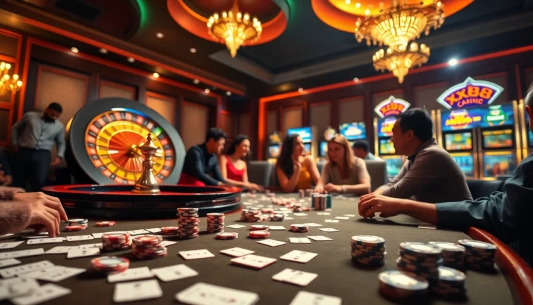 Players enjoying a thrilling casino experience at xx88, with vibrant tables and poker chips.