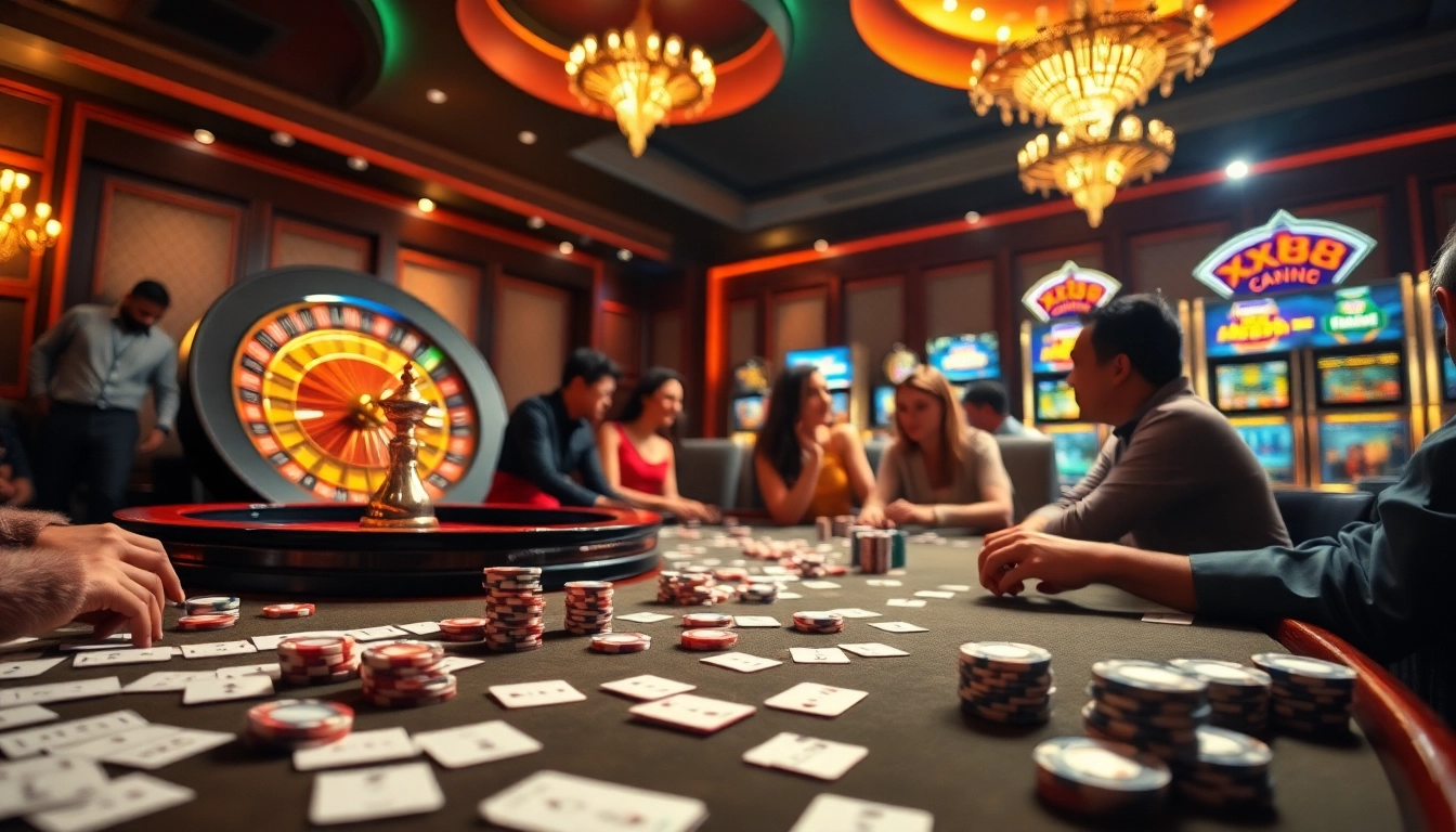 Players enjoying a thrilling casino experience at xx88, with vibrant tables and poker chips.