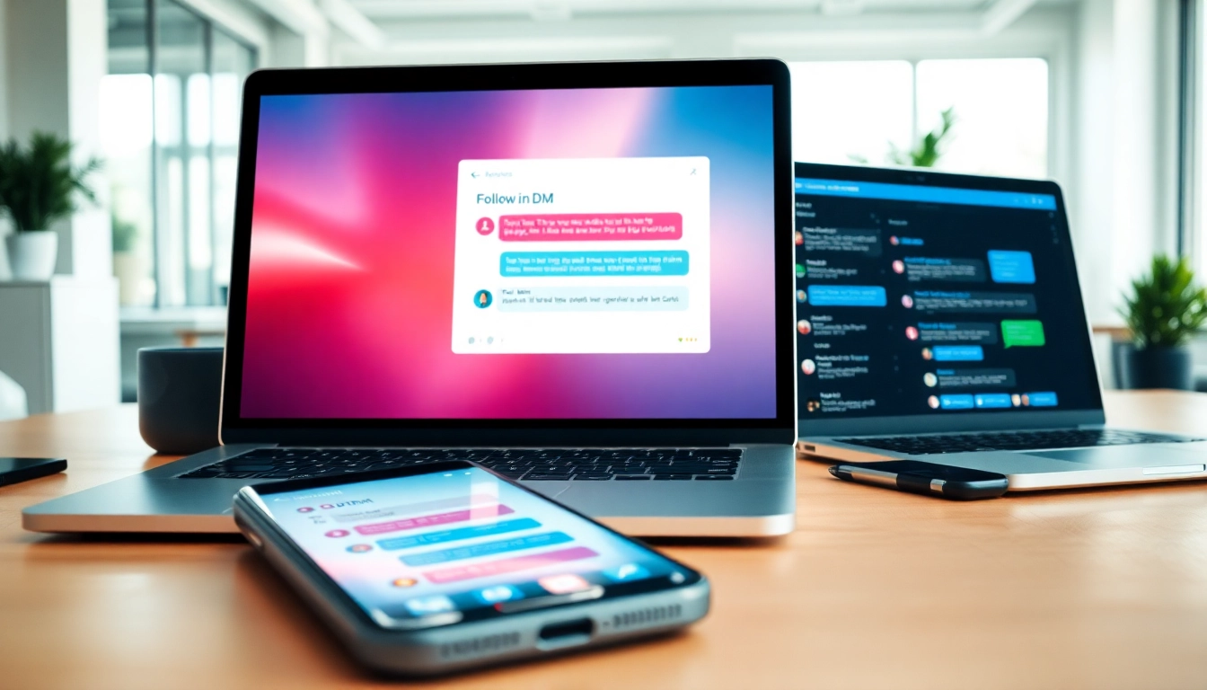 Engage new followers instantly through follow in dm feature, illustrated in a vibrant social media interface.