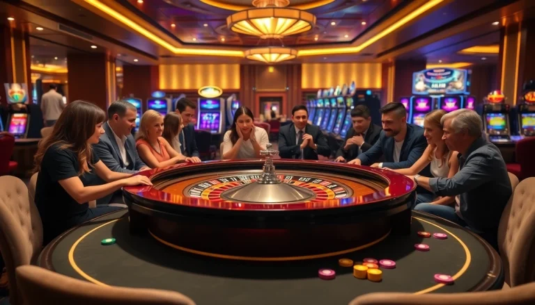 Win55 players strategizing at a bustling casino roulette table amidst vibrant gaming elements.