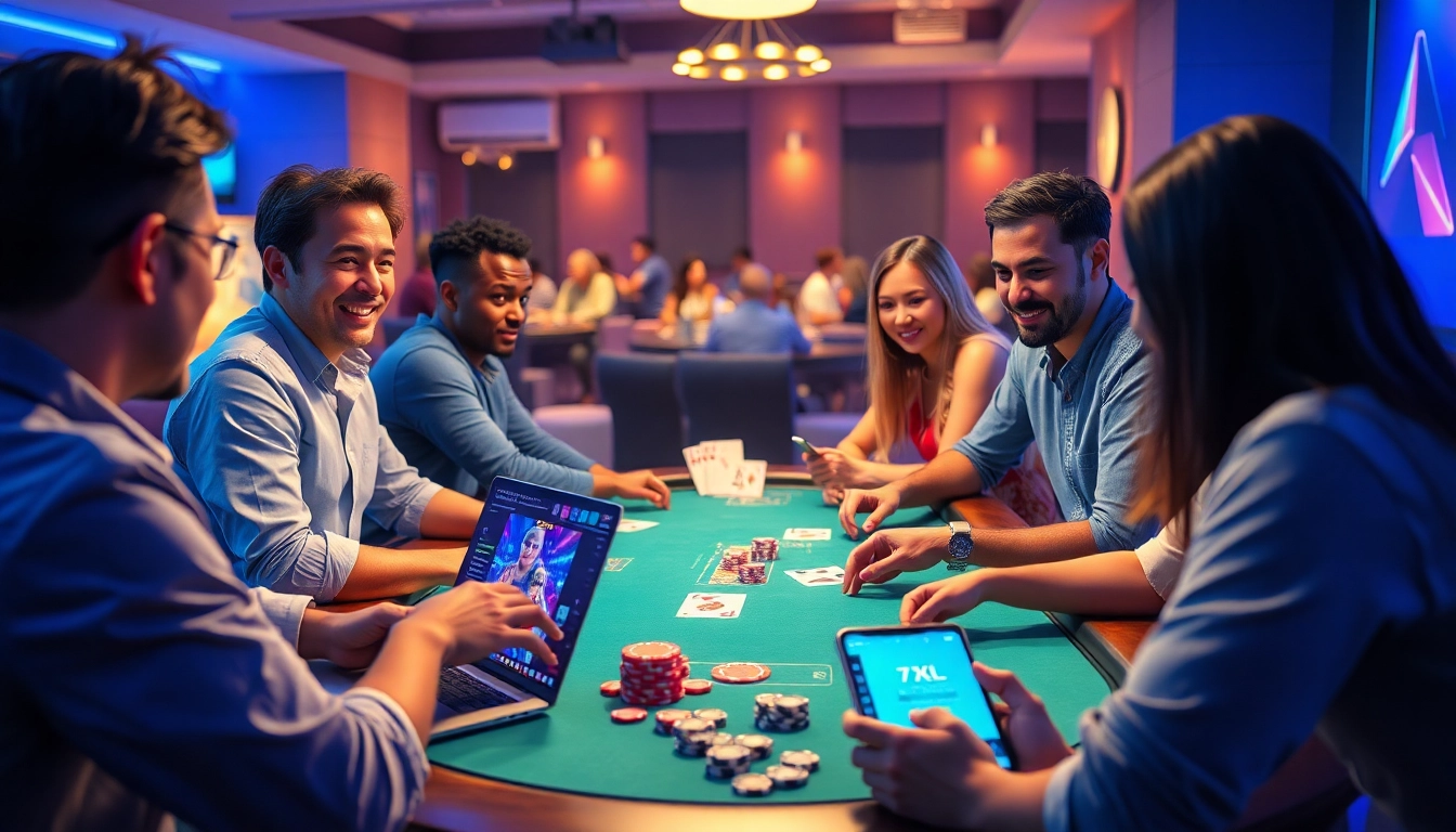 סצנת פוקר אונליין בפלטפורמת 7xl המציגה שחקנים מגוונים באווירה תוססת.