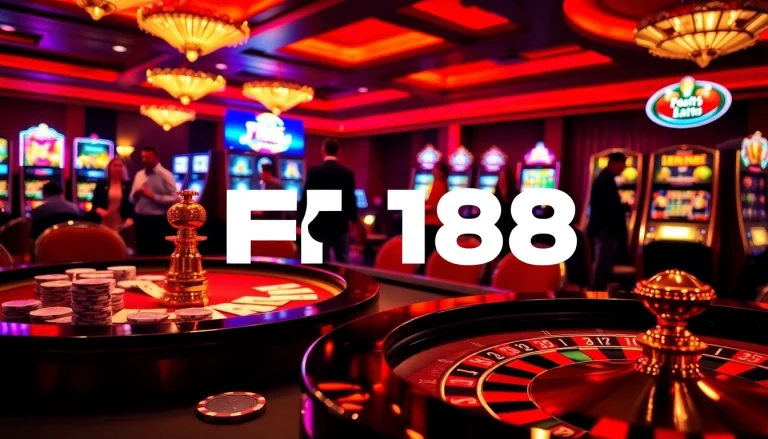 Gamblers enjoying the thrill of a high-stakes casino game at F168, surrounded by vibrant tables and lights.