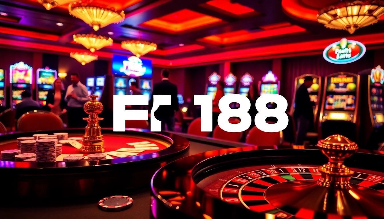 Gamblers enjoying the thrill of a high-stakes casino game at F168, surrounded by vibrant tables and lights.