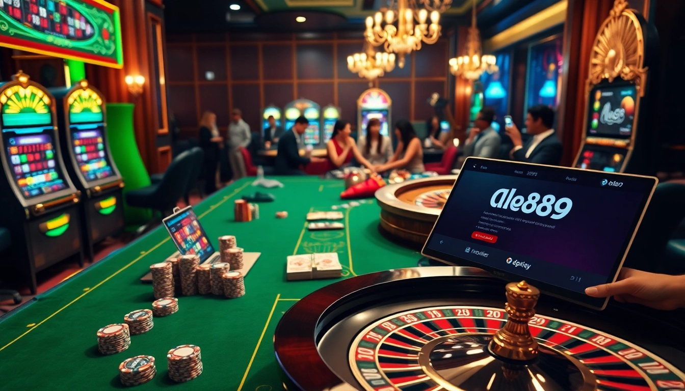 A dynamic scene from alo789 showcasing an engaging online casino with vibrant slot machines and poker tables.