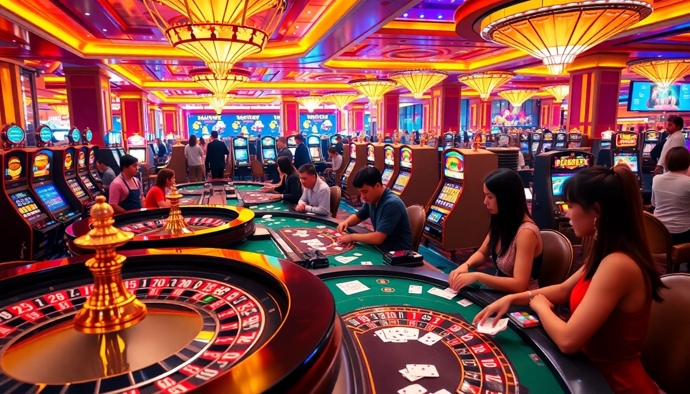 Engaging scene of players at the Luckywin casino with vibrant games and thrilling atmosphere.