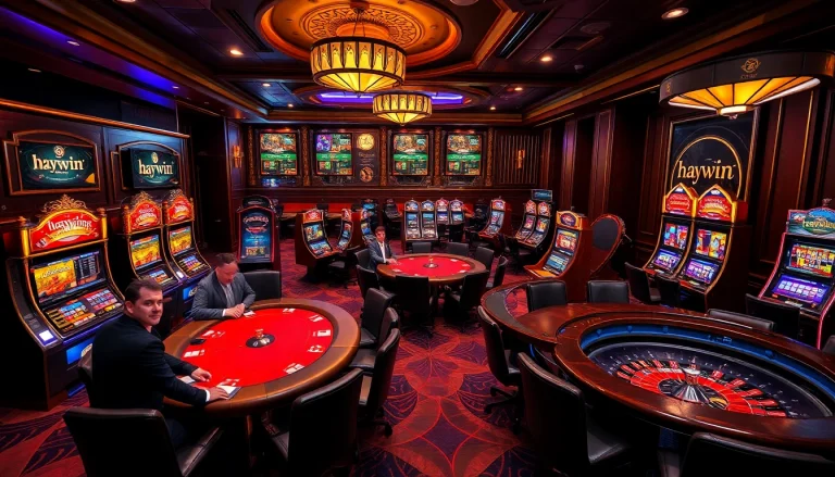 Players enjoying high-stakes poker and vibrant slot machines at a luxurious casino scene showcasing haywin branding.