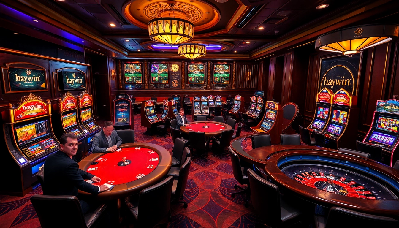 Players enjoying high-stakes poker and vibrant slot machines at a luxurious casino scene showcasing haywin branding.