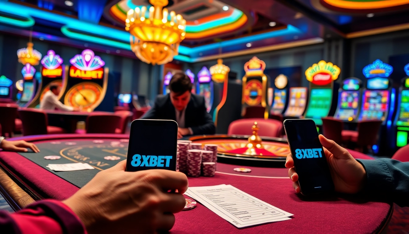 Engage with the link vào 8xbet as players enjoy poker and roulette in a luxury casino setting.