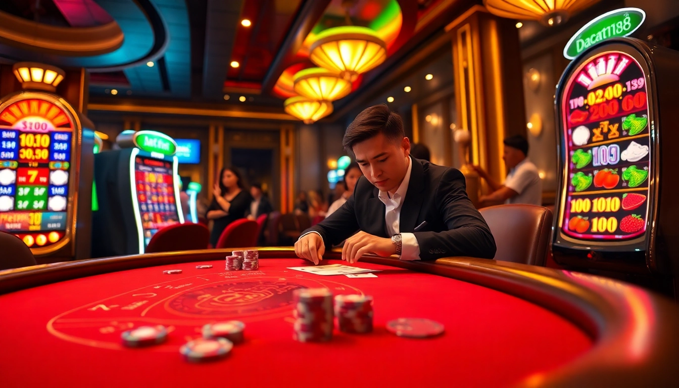 Exciting gambling moments at a luxurious casino with cards and chips featuring Daftar Modal138 on a digital display.