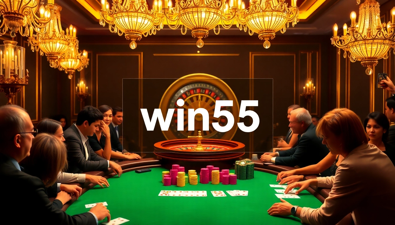 Experience high-stakes excitement at the win55 poker table with vibrant colors and luxury ambiance.
