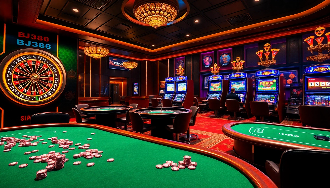 Players engaging with BJ388's online casino, featuring vibrant poker chips and a digital roulette wheel.