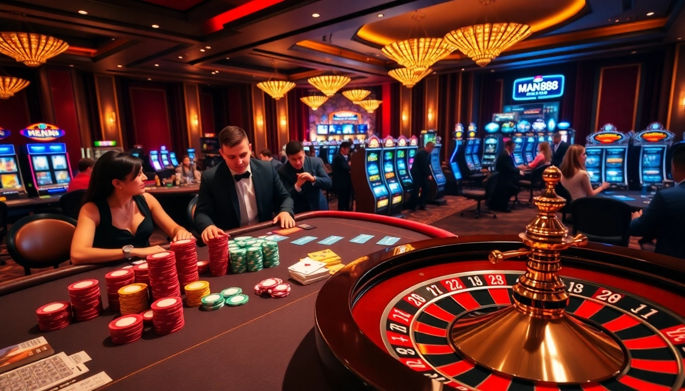 Man88 casino setting featuring energetic players at poker and slot machines.