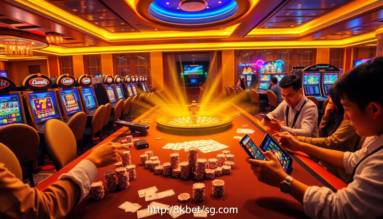 Experience the thrill of gaming at http://8kbetsg.com with vibrant casino tables and players enjoying their favorite games.