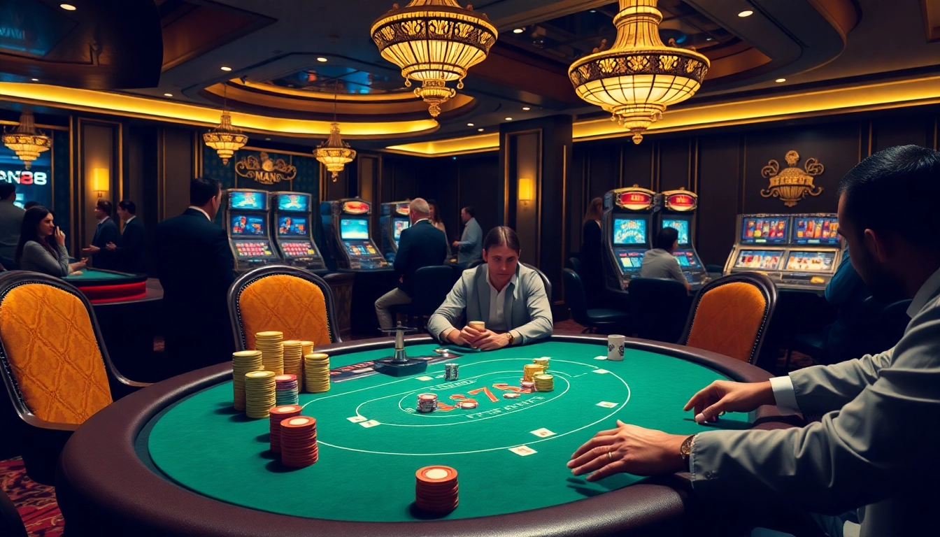 Engage with Man88 casino, featuring a lively poker game with vibrant chips and roulette.