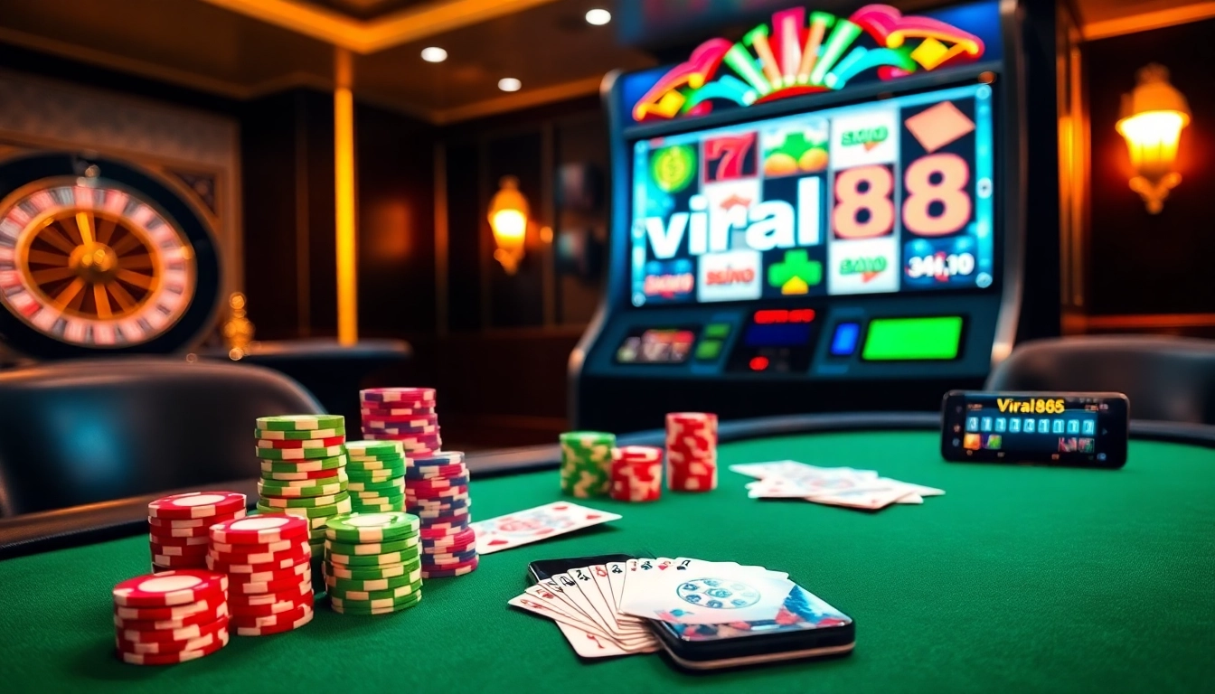 Experience thrilling poker action with viral88, vibrant chips, and a dazzling casino environment.