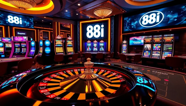 Exciting gaming scene with 88i logo on casino tables and slot machines.