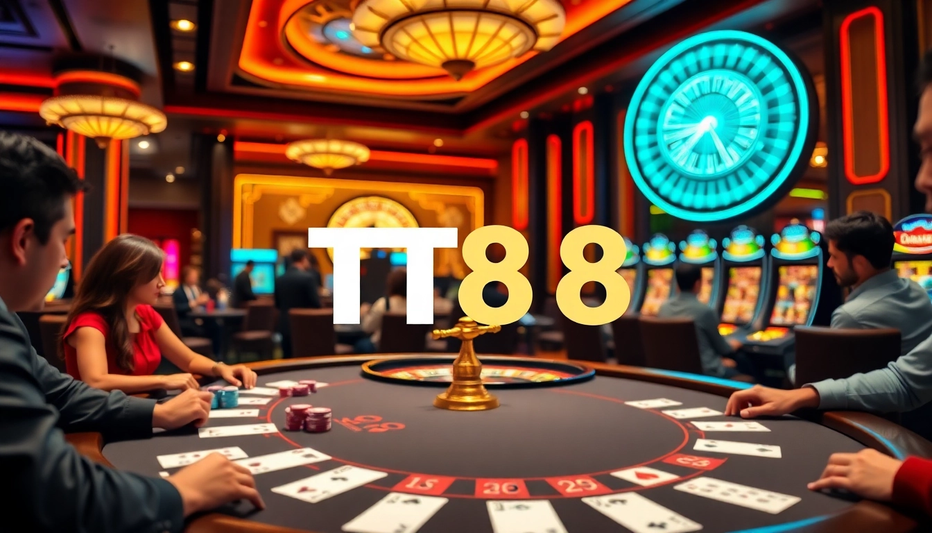Experience the thrill of TT88 casino gaming with a vibrant poker table and roulette wheel.