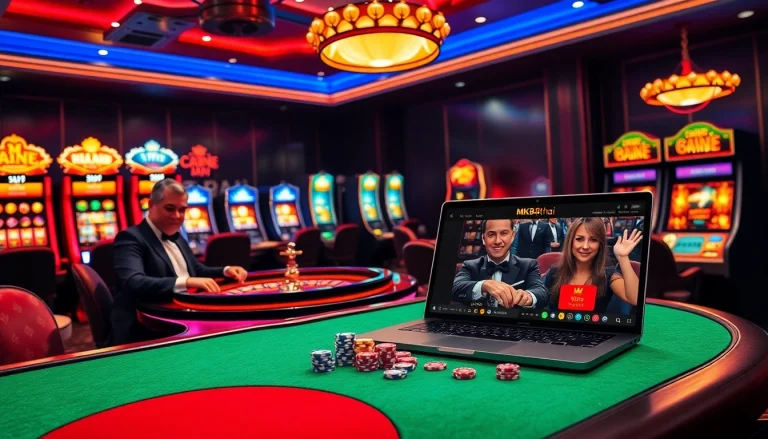 Players gambling at a luxurious casino featuring MK8thai, highlighted by vibrant roulette tables and slot machines.