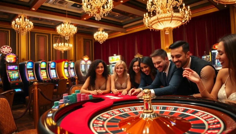 Players enjoying intense casino action at MB66 with vibrant poker chips and slot machines.